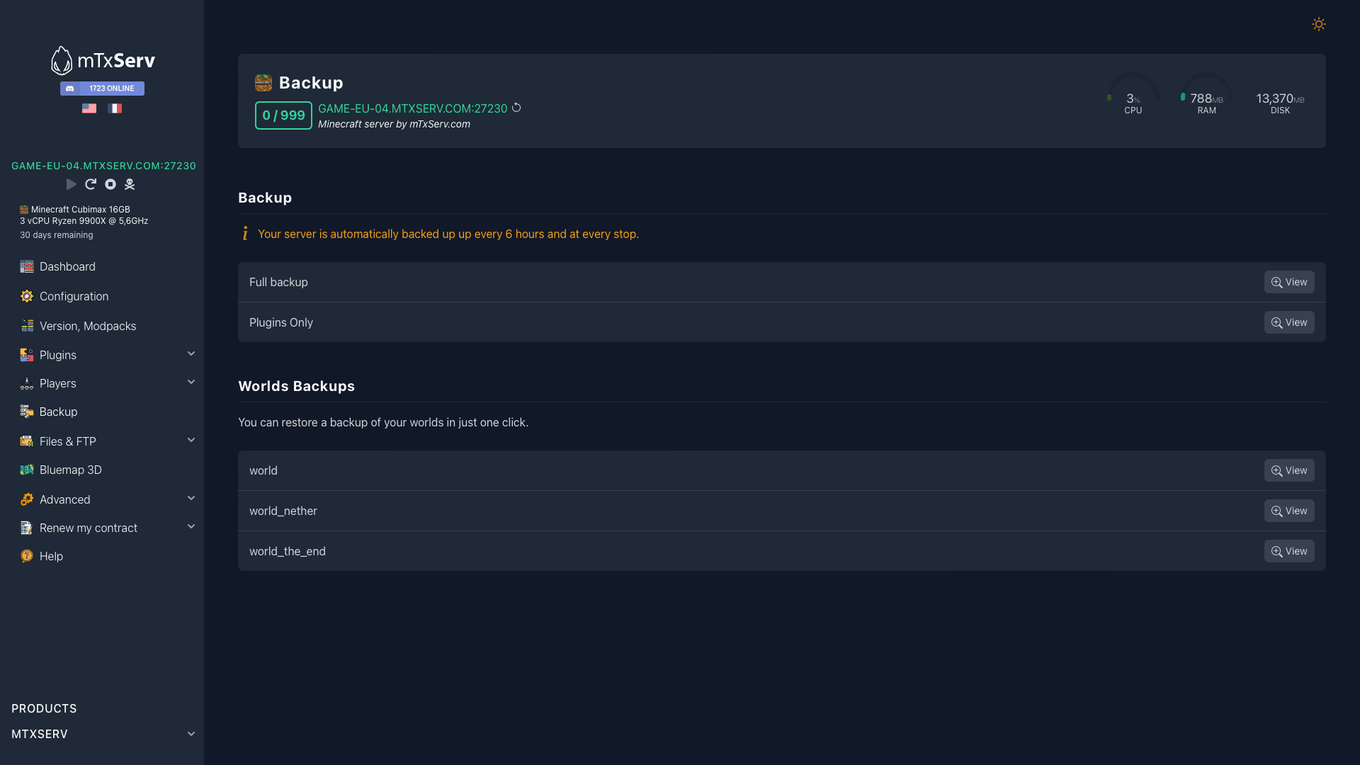 The mTxServ control panel